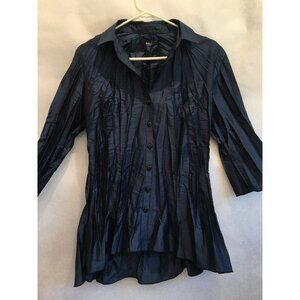 Beluva Women's Collared 3/4 Sleeve High-Low Hem Button Up Shirt Blue Medium